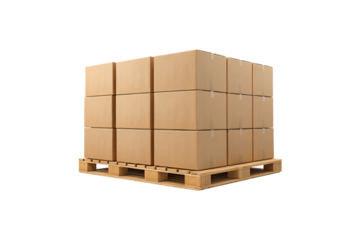 Multiple brown cardboard packages organized in rectangular formation on standard wooden pallet, isolated on a transparent background
