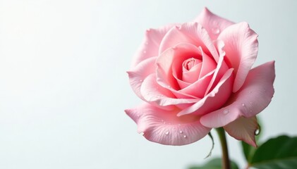 Fototapeta premium Delicate light pink rose with glistening water droplets, isolated on white , flower, background