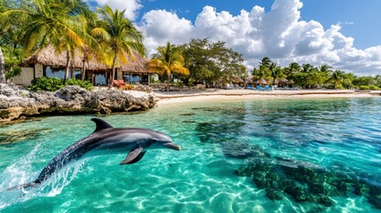 Dolphin Leaping in Crystal Clear Tropical Waters near a Secluded Beach Paradise