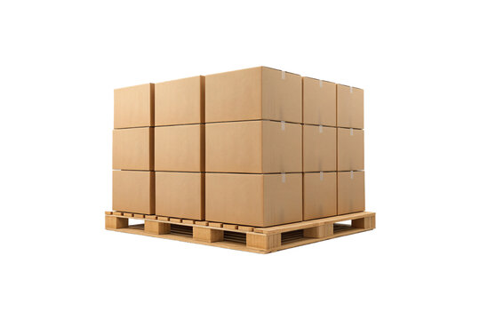 Multiple brown cardboard packages organized in rectangular formation on standard wooden pallet, isolated on a transparent background