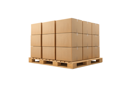 Multiple brown cardboard packages organized in rectangular formation on standard wooden pallet, isolated on a transparent background - Powered by Adobe