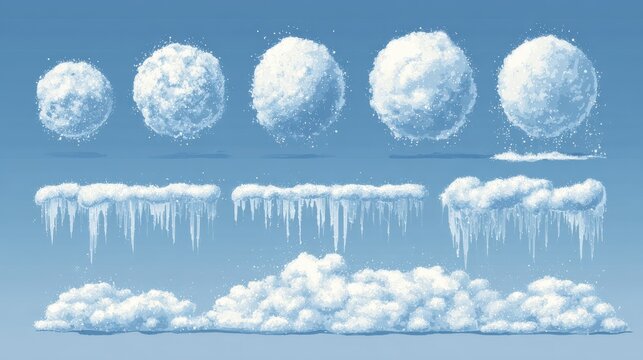 Snow elements. Snowball and snowdrift, icicles and snowcap borders. Isolated winter vector set. Illustration of snowball effect, frost snowcap, no logos, no brands