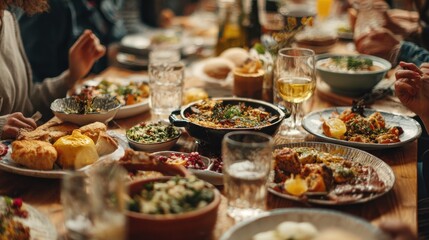 Vegan party, young friends trying new vegan recipes together, chatting and having fun at communal table full of colorful sumptuous dishes , no logos, no brands