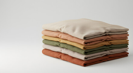 stacks of folded t-shirts, one beige and one olive green, are neatly arranged against a plain white background.
