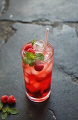 Iced raspberry mojito cocktail long drink on black stone table. Refreshing summer beverage in glass with mint garnish, rasberries, ice cubes and straw. Cold alcohol liquor drink.