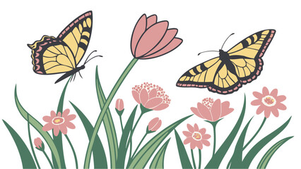 Butterflies with Flowers Isolated on White Background Vector Illustration