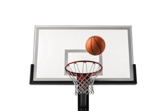 Basketball hoop with orange ball positioned above rim, front view angle perspective shot, isolated on a transparent background