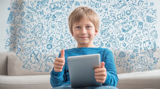 leisure, children, technology, education and people concept - smiling boy with tablet pc computer and notebook showing thumbs up at home over mathematical doodles, no logos, no brands