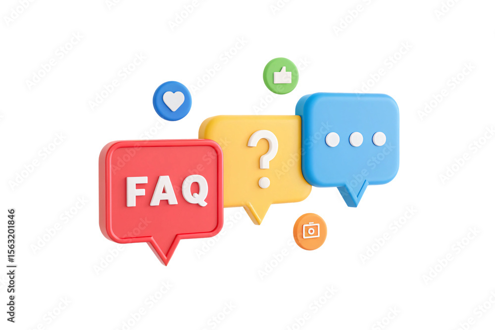 Poster faq speech bubble with question mark, thumbs up, heart icons floating around colorfully, isolated on