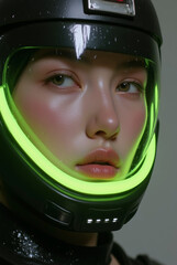 portrait of a young woman in futuristic helmet
