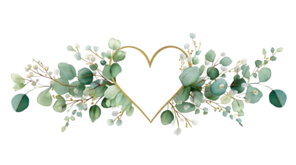 Heart-shaped leaf frame. Watercolor floral wreath made of green foliage and eucalyptus branches. PNG clipart on transparent background. © StellaPattaya