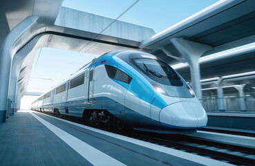 High-speed train enters futuristic station, symbolizes modern rail transport. Fast passenger train arrives at platform. Blue and white train on railway station represents tech, business and travel.