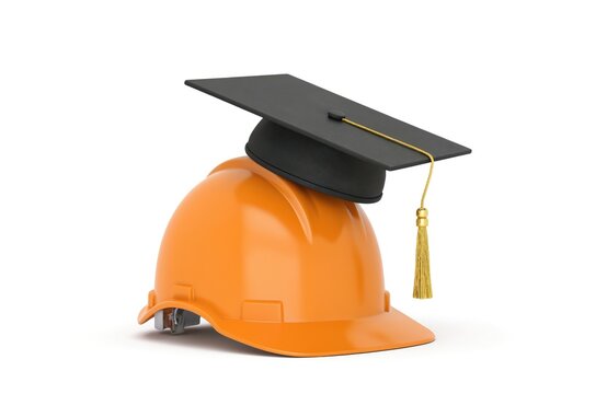 Orange construction hard hat with graduation cap. 3D rendering of safety helmet and education hat isolated on white background. Concept of professional skills, learning, studying, safety.