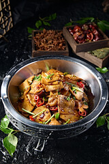 Spicy black bean sauce pork intestines thousand-layer tofu