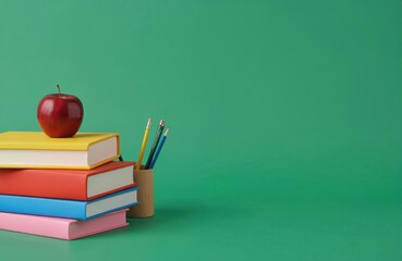 Books stack with red apple on top and pencils in wooden holder on green background. Study, learning and back to school concept with empty copy space. Colorful textbook pile.