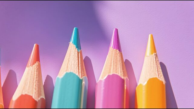 Colorful pencils arranged neatly under soft light with shadows on a pastel background in a creative workspace