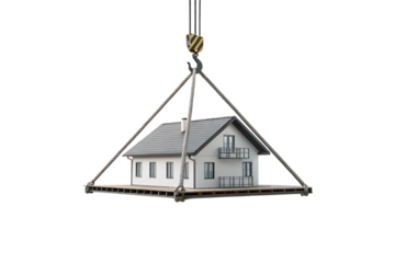 Modern white house with balcony being transported by industrial crane on platform base, isolated on a transparent background