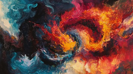 Abstract painting of swirling, chaotic colors, representing the inner turmoil of emotions, with bold reds, oranges, and blues clashing together.
