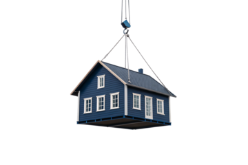 Blue house with multiple windows being lifted by construction crane hook, isolated on a transparent background