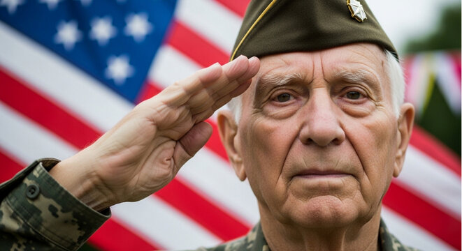 Senior veteran saluting the American flag, expressing respect and patriotism.