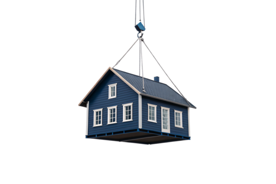Blue house with multiple windows being lifted by construction crane hook, isolated on a transparent background