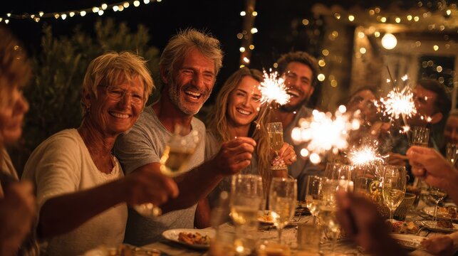 Happy family and friends celebrating with sparkler fireworks at home dinner - Different age of people having fun together in patio party - Celebration and summer holidays concept, no logos, no brands