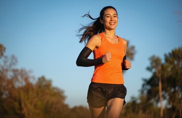 Motivated athletic woman running outdoors on sunny day. Beautiful brunette wearing orange top, black shorts, arm sleeves jogging in nature, maintaining healthy lifestyle, weight loss, exercise.