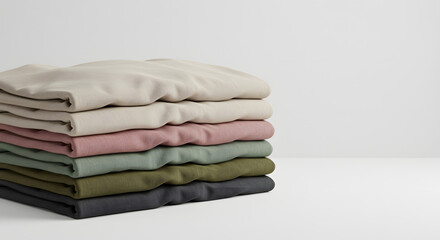 stacks of folded t-shirts, one beige and one olive green, are neatly arranged against a plain white background.