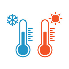 Hot and Cold Temperature Thermometer Icon with Sun and Snowflake
