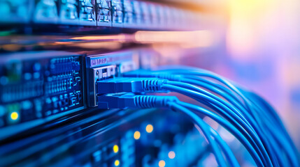 Colorful network cables connecting to server ports in a data center at twilight