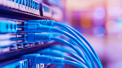 Colorful network cables connecting to server ports in a data center at twilight