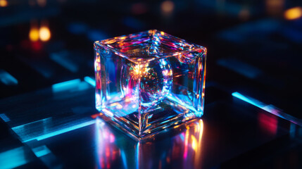 Stunning crystal cube reflects vibrant colors on a dark surface in an artistic display of light and design