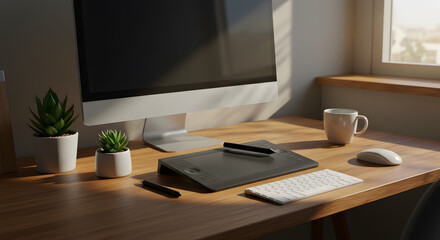 A modern workspace featuring a computer, graphic tablet, keyboard, mouse, mug, and plants on a wooden desk near a window.