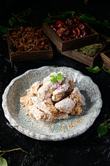 Chinese food: Frosted oatmeal baked sweet potato cubes
