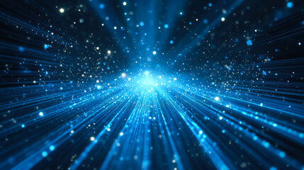Fototapeta premium Dynamic blue light rays create a captivating cosmic visual effect of starry particles in motion in a dark background