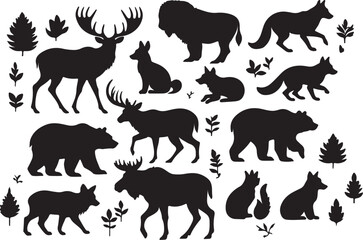 Forest animals and foliage silhouettes moose deer