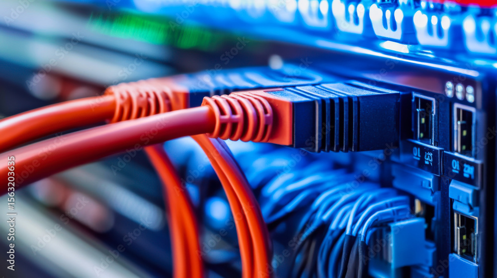 Poster network cables connected to a server in a data center during nighttime operations