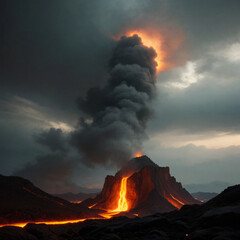 Volcanic Eruption with Fiery Lava Flow