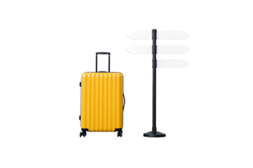 Yellow ribbed hardcase luggage with telescoping handle and four wheels beside tall black clothing stand, isolated on a transparent background