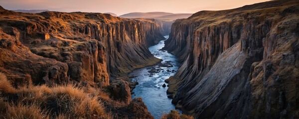 Breathtaking view of canyon with basalt rocks. River flows through valley with mountain ridges. Icelandic scenic landscape under sky. Untouched wild nature of Iceland. Great travel destination.