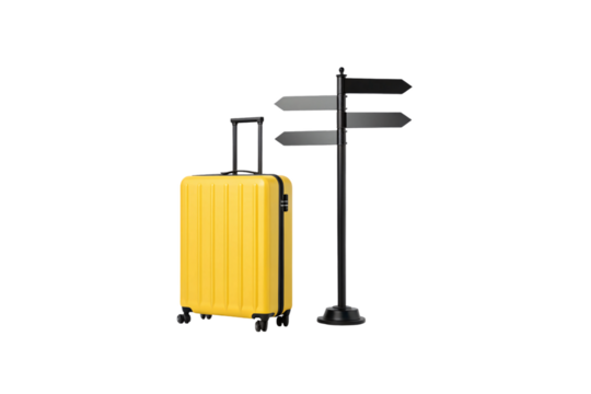 Yellow rolling suitcase next to black directional street sign post with multiple arrow shaped signs pointing different directions, isolated on a transparent background