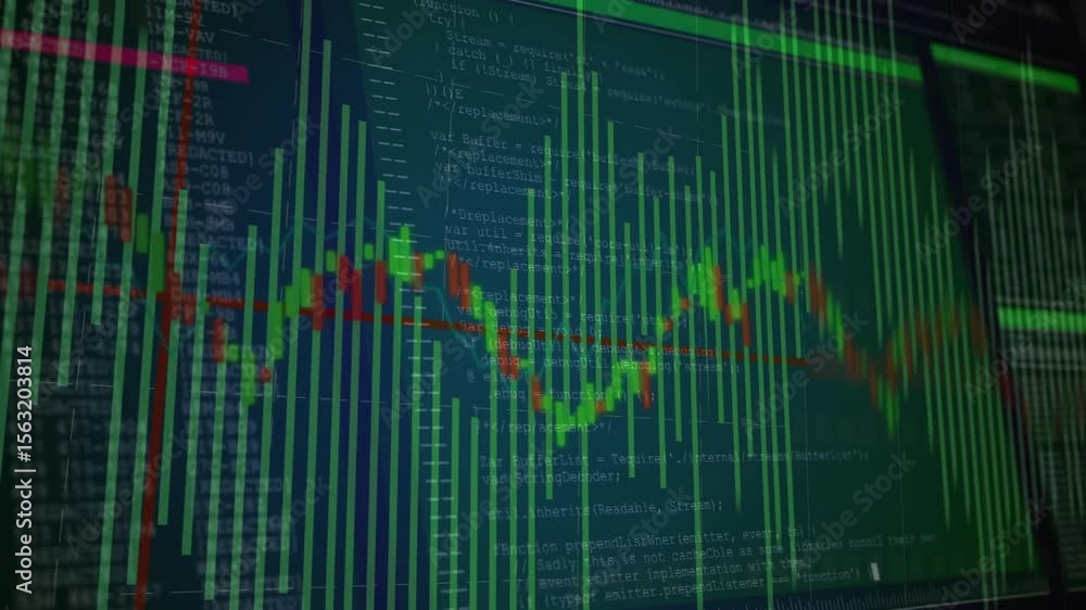 Poster on chart loading green bars with red-green line settling waves code intensifying for data visuals