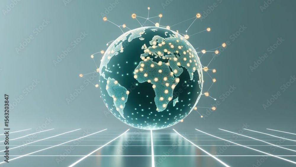 Poster futuristic digital globe representing global connectivity and technology with glowing nodes and a gr
