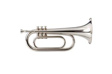 Silver brass bugle with three valves and curved brass tubing in classic military band style, isolated on a transparent background