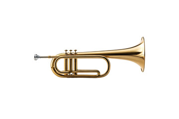 Golden brass bugle with three valves and warm metallic finish in professional orchestra instrument design, isolated on a transparent background