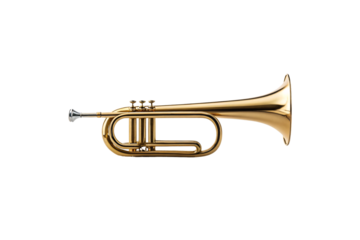 Golden brass bugle with three valves and warm metallic finish in professional orchestra instrument design, isolated on a transparent background
