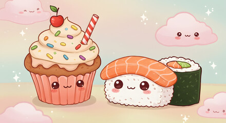 Cute Kawaii Food Characters (Cupcake, Sushi) in Clouds Illustration