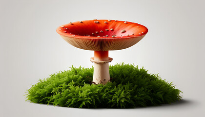 Vibrant Red Mushroom on Green Moss with Plain Background