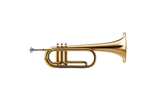 Golden brass bugle with three valves and warm metallic finish in professional orchestra instrument design, isolated on a transparent background