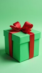 Fototapeta premium Small green gift box with a simple red ribbon bow , red, minimal, clean